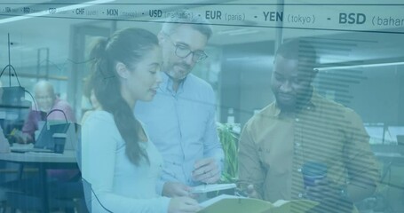 Poster - Currency exchange rates animation over diverse business people discussing documents