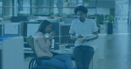 Poster - Eating in modern office, coworkers with data processing animation in background