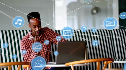 Poster - Using laptop, person surrounded by music and media icons animation