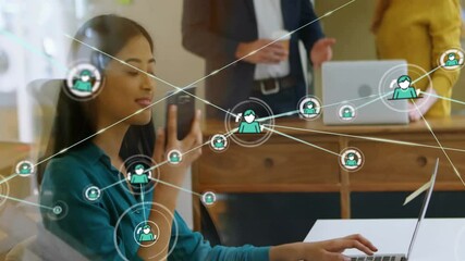 Poster - Talking on phone in office, businesswoman with network of connections and communication animation