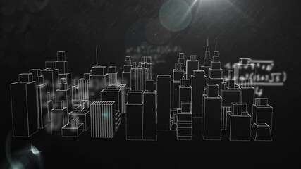 Poster - Animated mathematical equations over wireframe cityscape on dark background