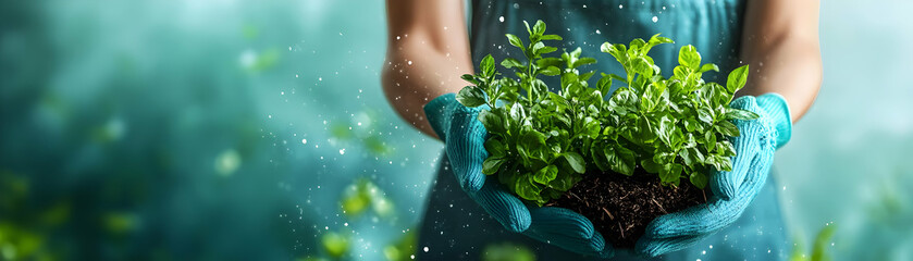 Fototapete - Person with Magic Garden Tools and Floating Plants concept as A person holding magic garden tools with floating plants set against a blank background offering space for text or graphics symbolizing ga
