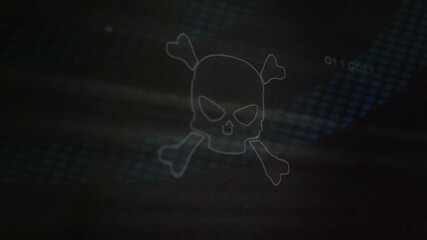 Poster - Skull and crossbones animation over dark digital background with binary code
