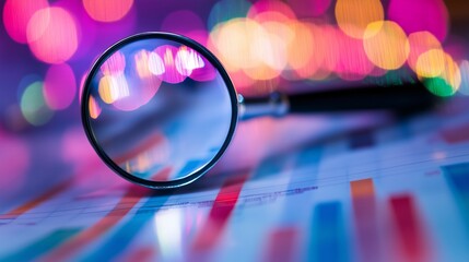 Poster - A close-up view of a magnifying glass focusing on colorful bar graphs with blurred background lights at night