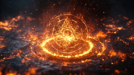 magical fire rune with blazing symbols, ethereal fire aura, studio lighting, seamless white backgrou