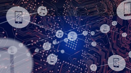 Poster - Music file icons and network connections animation over circuit board background