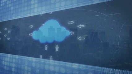 Poster - Cloud computing data flow animation over cityscape with arrows