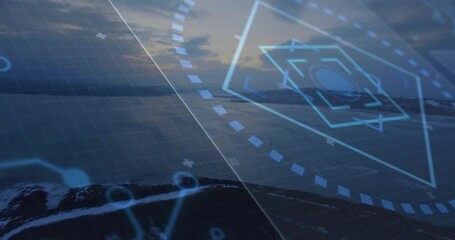 Poster - Geometric shapes and data processing animation over aerial view of landscape