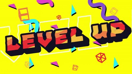 Poster - level up text animation over colorful geometric shapes on yellow background