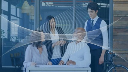 Poster - Business team discussing project at desk with data network animation overlay