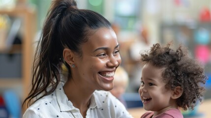 Poster - A woman is holding a child and smiling