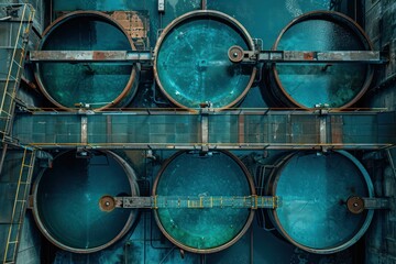 Wall Mural - A series of large blue tanks are shown in a close up