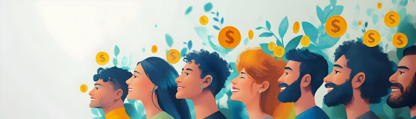 Wall Mural - People with Floating Savings Accounts and Joyful Faces concept as A group of people with floating savings accounts and joyful faces set against a dreamy background offering ample space for text or gra