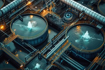 Wall Mural - A view of a large industrial plant with two large tanks and a fountain