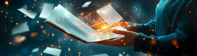Fototapete - Person with Magic Scroll and Floating Documents concept as A person holding a magic scroll with floating documents set against a clean background providing space for text or graphics symbolizing docum