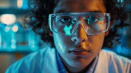 Poster - a young man wearing a lab coat and safety goggles is looking at the camera