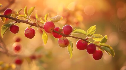 Wall Mural - A branch with reddish plums in direct sunlight