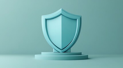 Poster - minimalistic teal-colored shield symbolizing protection and security. presented on a pedestal agains