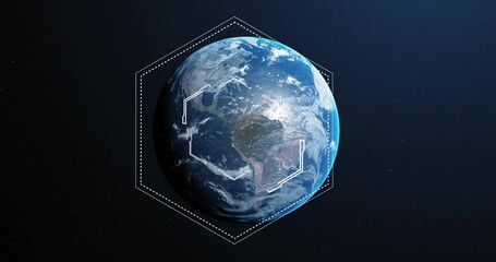 Poster - Rotating Earth with digital interface animation in space background, technology concept