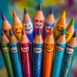 © GG Kenji - People with Floating Pens and Cheerful Faces concept as A group of people using floating pens with cheerful faces set against a whimsical background offering ample space for text or graphics symbolizi