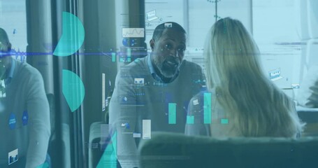 Poster - Business data analytics animation over diverse colleagues discussing in office