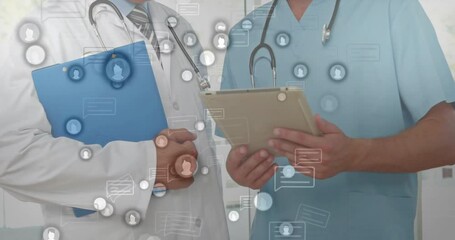 Poster - Doctors holding clipboards with social media icons animation over them