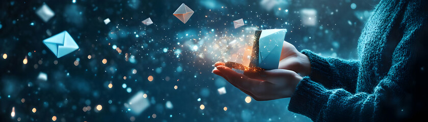 Fototapete - Person with Magic Mailbox and Floating Letters concept as A person holding a magic mailbox with floating letters set against a clean background providing space for text or graphics symbolizing postal 