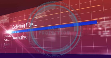 Poster - Deleting files and processing animation for data protection on red grid background