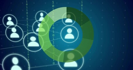 Poster - Network of user icons and binary code animation over blue background
