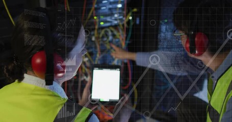 Poster - Technicians working on server rack with data analysis animation overlaid