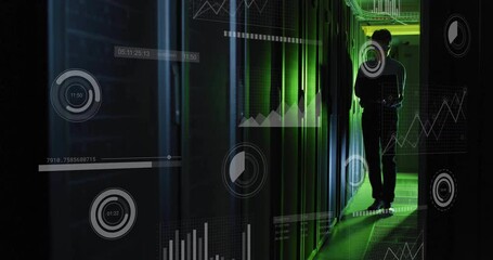 Poster - Data analytics and graphs animation over person walking in server room