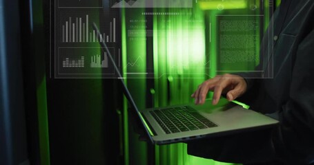 Poster - Typing on laptop, person with data processing animation over green-lit server room