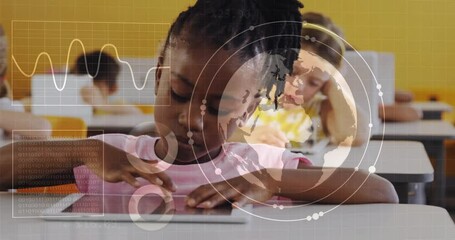 Poster - Studying at desk, children with digital data animation in school classroom scene