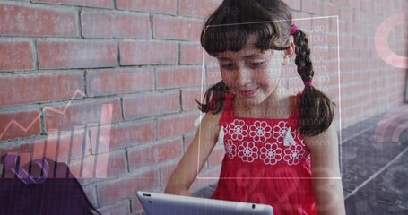 Poster - Binary code animation over girl using tablet against brick wall