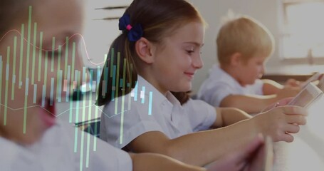 Poster - Graph animation over school children studying on tablets in classroom