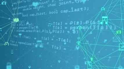 Aufkleber - Animating programming code and network connections over blue background with geometric shapes