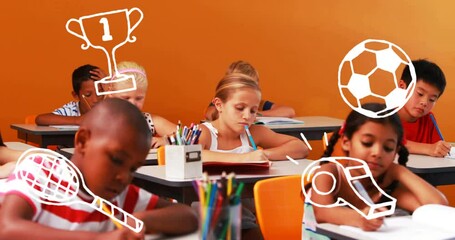 Poster - Children studying in classroom with sports equipment animation over them