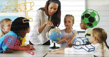 Poster - Showing globe to children in school with sports equipment animation in classroom