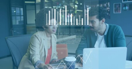Poster - Business data analytics animation over diverse colleagues discussing work in office