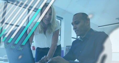 Poster - Business growth chart animation over colleagues discussing work on laptop in office