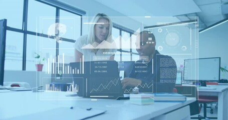 Poster - Business data analytics animation over colleagues discussing work in modern office