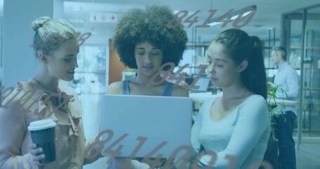 Poster - Businesswomen discussing project with laptop over numbers animation in office