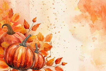 Watercolor happy thanksgiving day background with autumn leaves and pumpkins illustration on a white background with copy space for text