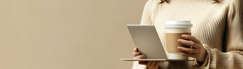 Fototapete - Person with Coffee Cup and Laptop for Office Service concept as A person holding a coffee cup and using a laptop set against a blank background providing space for text or graphics symbolizing efficie