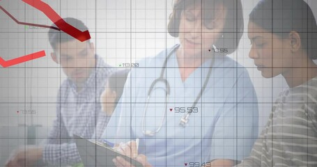 Poster - Discussing patient records, healthcare professionals with declining stock chart animation