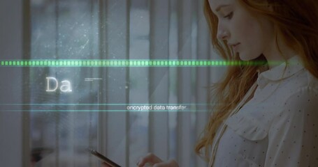 Poster - Using smartphone, woman with red hair and encrypted data transfer animation