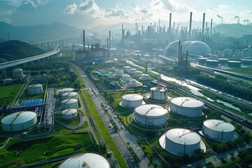 Wall Mural - A large industrial area with many tanks and a bridge