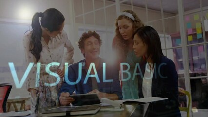 Poster - Collaborating in office, diverse team working on PHP programming animation
