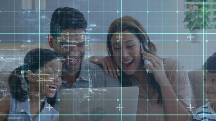 Poster - Family smiling and using laptop, digital grid and data points animation over them