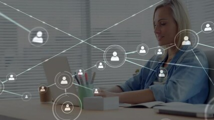 Poster - Network of connections and data processing animation over woman working on laptop